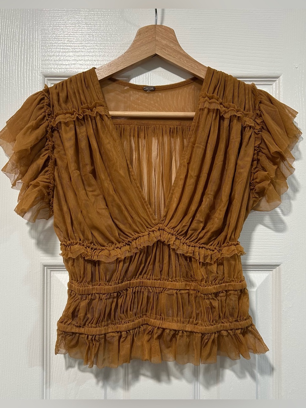 Free People Rust Semi Sheer Brown Ruffled Mesh V-Neck Romantic Blouse One Size